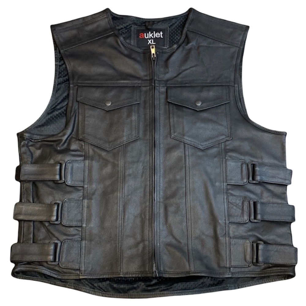 Mens Motorcycle Black Real Leather Vest 2 front Pockets